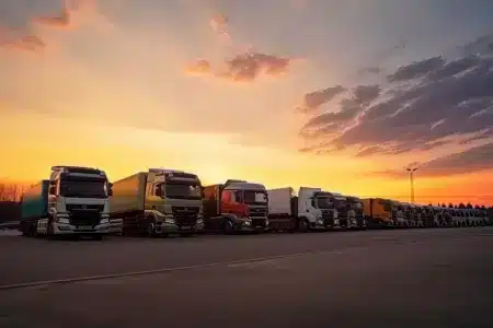 odparkované kamióny pri západe slnka